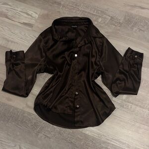 Brown Satin Button-Up Shirt